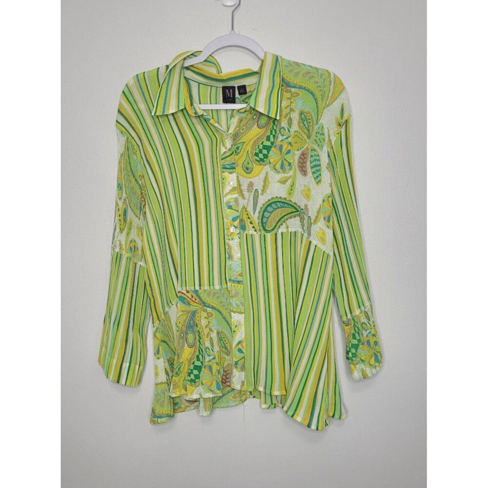 Milano green yellow button front groovy mixed print funky top size medium